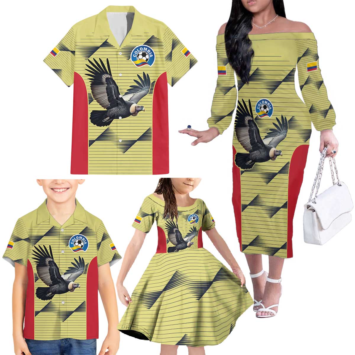 Colombia Football Custom Family Matching Off The Shoulder Long Sleeve Dress and Hawaiian Shirt Los Cafeteros Andean Condor