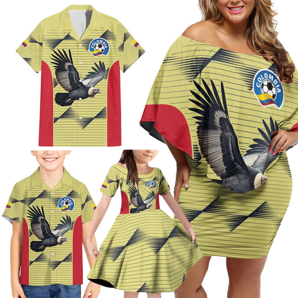 Colombia Football Custom Family Matching Off Shoulder Short Dress and Hawaiian Shirt Los Cafeteros Andean Condor