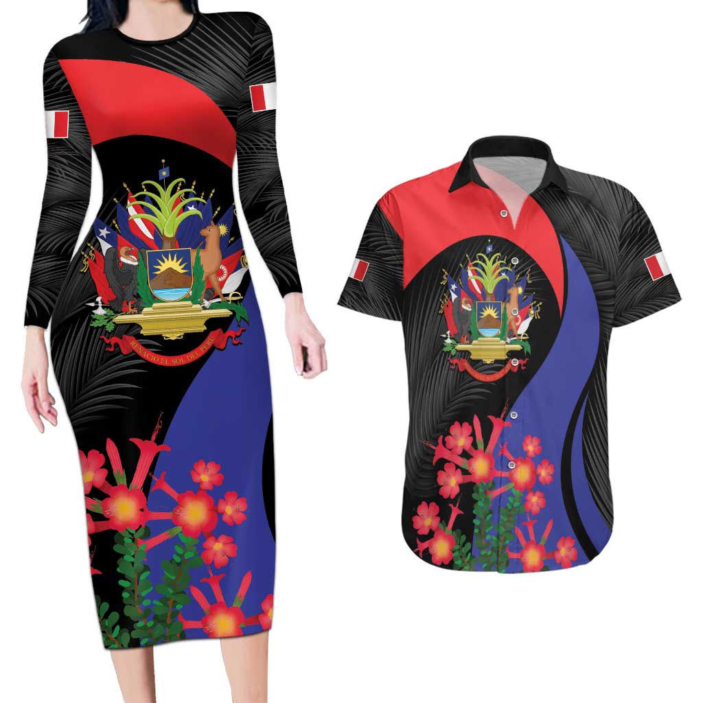 Peru Coat of Arms Couples Matching Long Sleeve Bodycon Dress and Hawaiian Shirt First Version 1821 - 1825