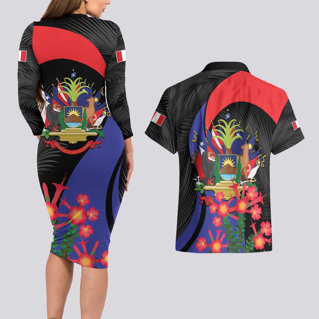 Peru Coat of Arms Couples Matching Long Sleeve Bodycon Dress and Hawaiian Shirt First Version 1821 - 1825