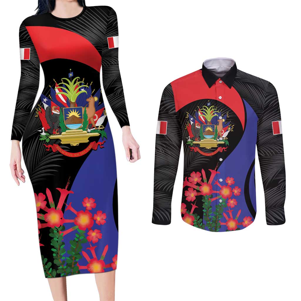 Peru Coat of Arms Couples Matching Long Sleeve Bodycon Dress and Long Sleeve Button Shirt First Version 1821 - 1825