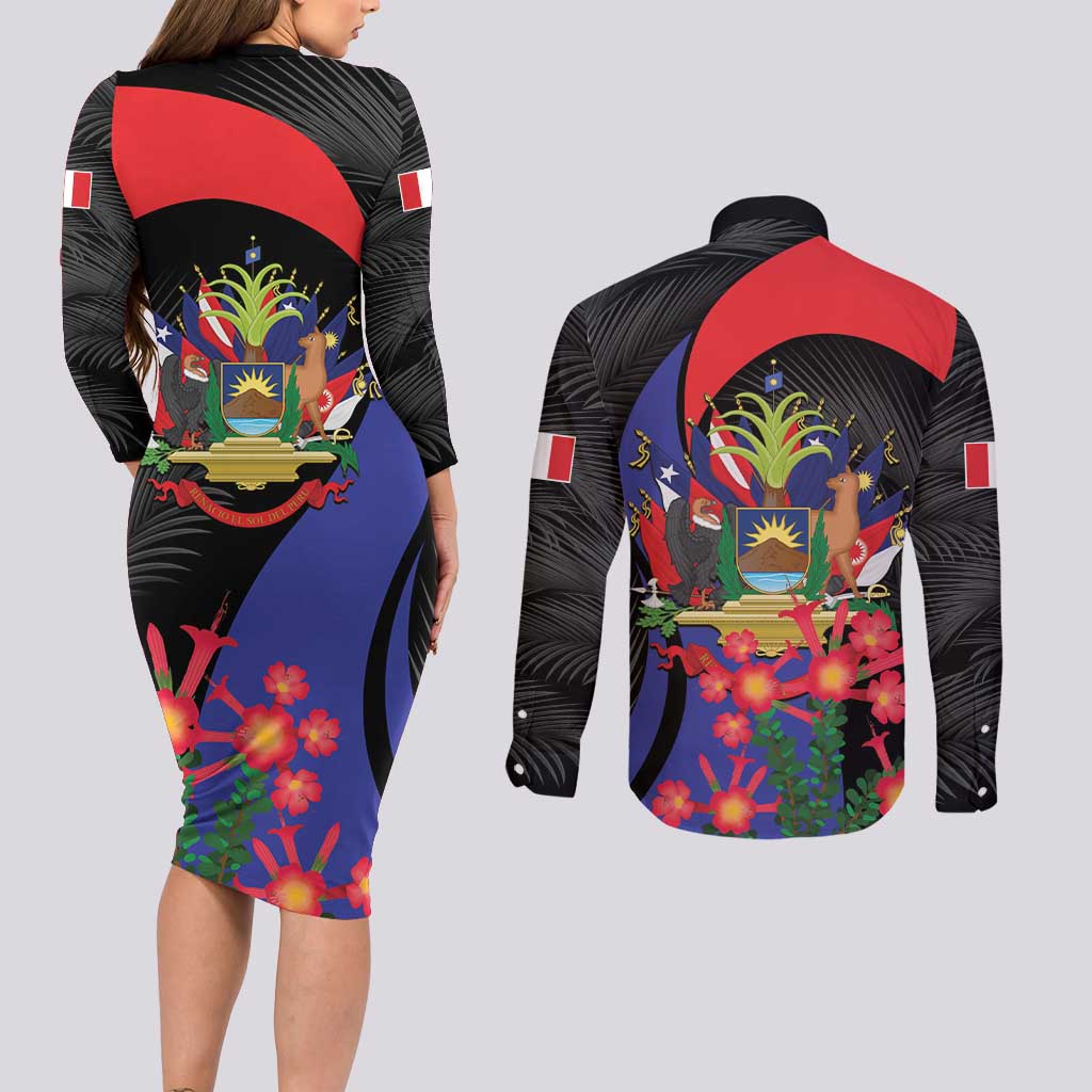Peru Coat of Arms Couples Matching Long Sleeve Bodycon Dress and Long Sleeve Button Shirt First Version 1821 - 1825