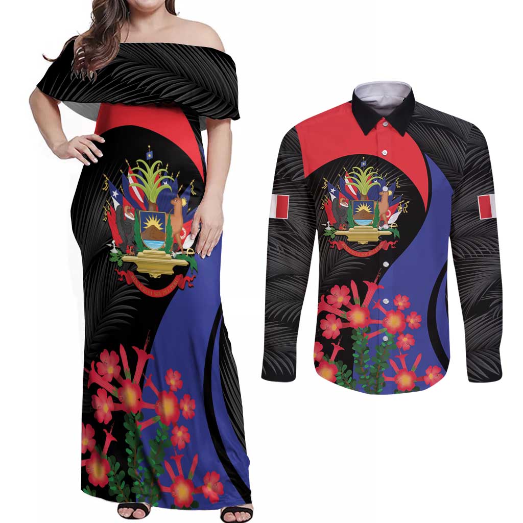 Peru Coat of Arms Couples Matching Off Shoulder Maxi Dress and Long Sleeve Button Shirt First Version 1821 - 1825