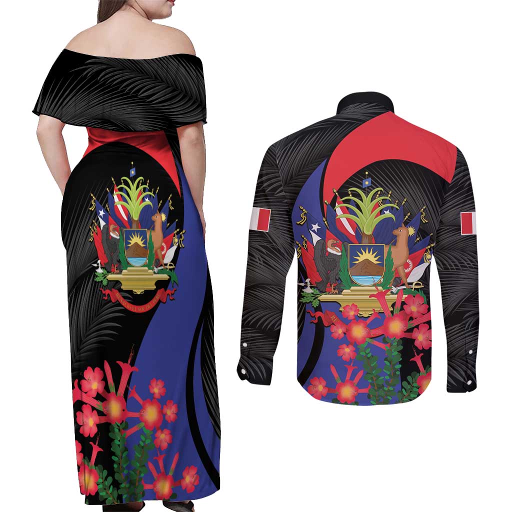 Peru Coat of Arms Couples Matching Off Shoulder Maxi Dress and Long Sleeve Button Shirt First Version 1821 - 1825