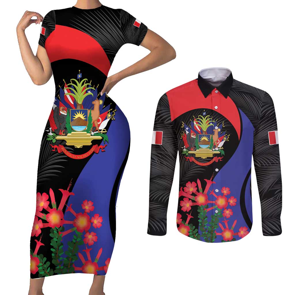 Peru Coat of Arms Couples Matching Short Sleeve Bodycon Dress and Long Sleeve Button Shirt First Version 1821 - 1825