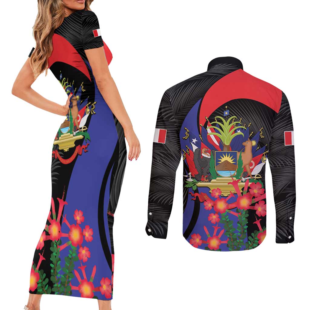 Peru Coat of Arms Couples Matching Short Sleeve Bodycon Dress and Long Sleeve Button Shirt First Version 1821 - 1825