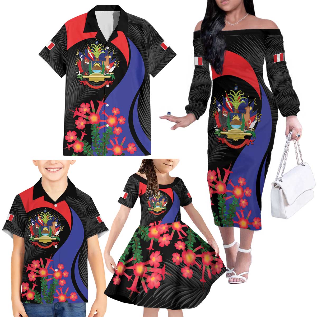 Peru Coat of Arms Family Matching Off The Shoulder Long Sleeve Dress and Hawaiian Shirt First Version 1821 - 1825