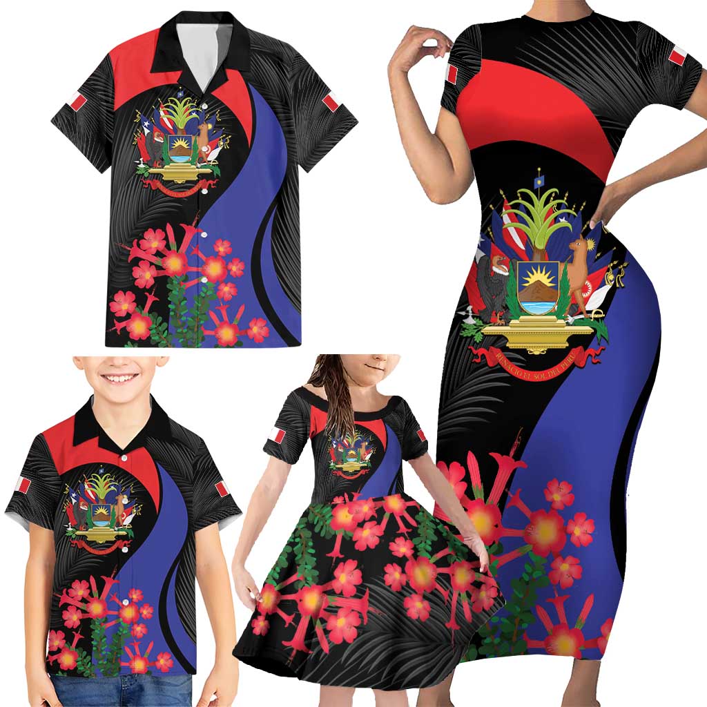 Peru Coat of Arms Family Matching Short Sleeve Bodycon Dress and Hawaiian Shirt First Version 1821 - 1825