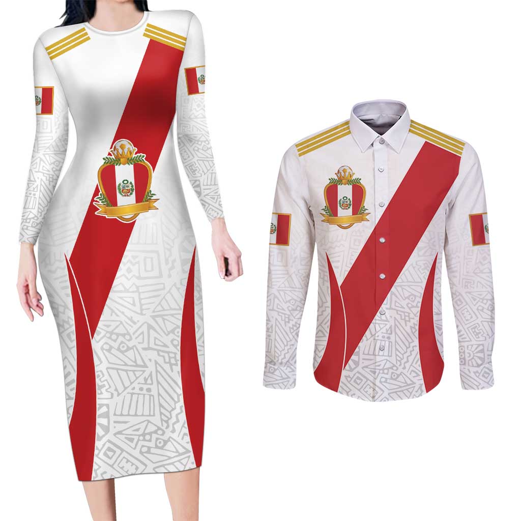 Peru Football Custom Couples Matching Long Sleeve Bodycon Dress and Long Sleeve Button Shirt La Bicolor Arriba Peru