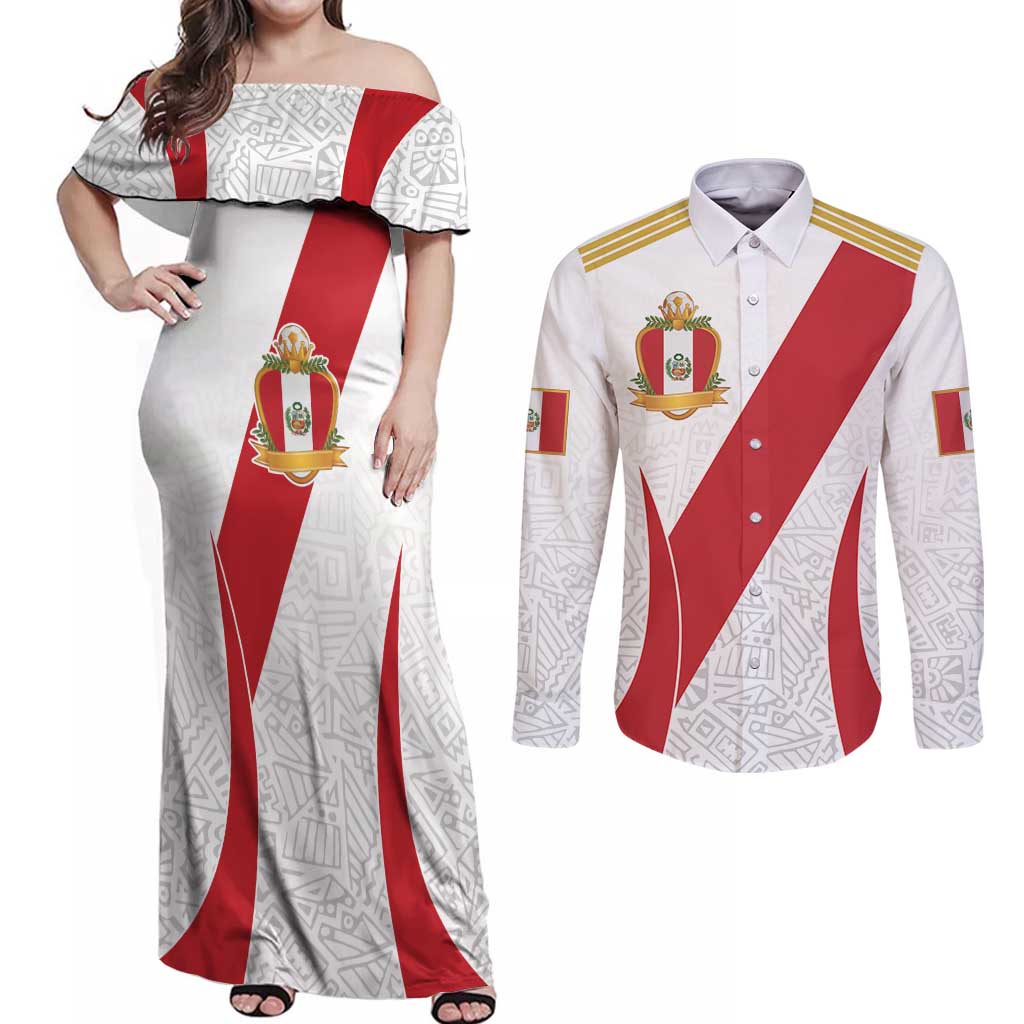 Peru Football Custom Couples Matching Off Shoulder Maxi Dress and Long Sleeve Button Shirt La Bicolor Arriba Peru