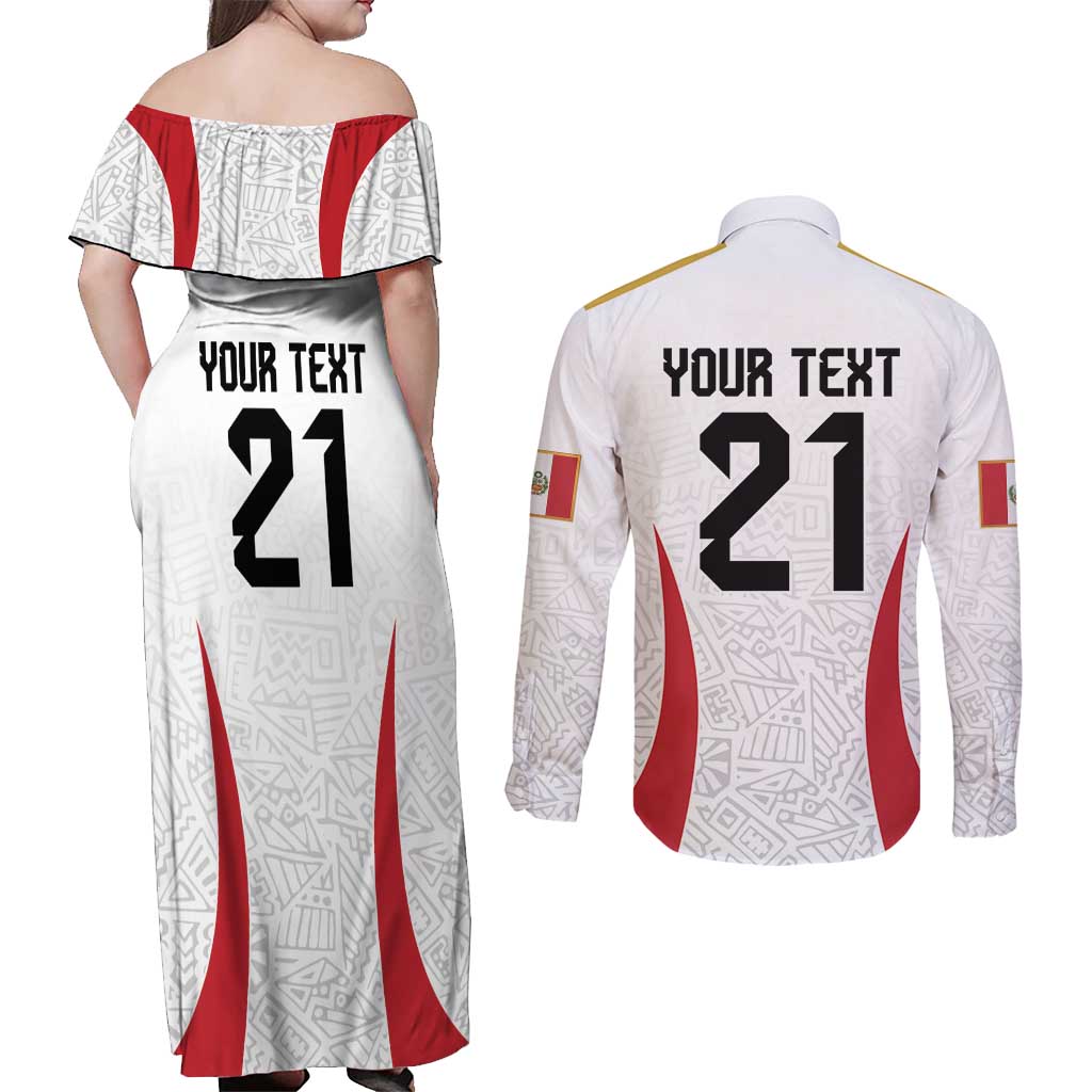 Peru Football Custom Couples Matching Off Shoulder Maxi Dress and Long Sleeve Button Shirt La Bicolor Arriba Peru