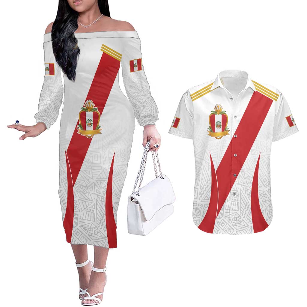 Peru Football Custom Couples Matching Off The Shoulder Long Sleeve Dress and Hawaiian Shirt La Bicolor Arriba Peru