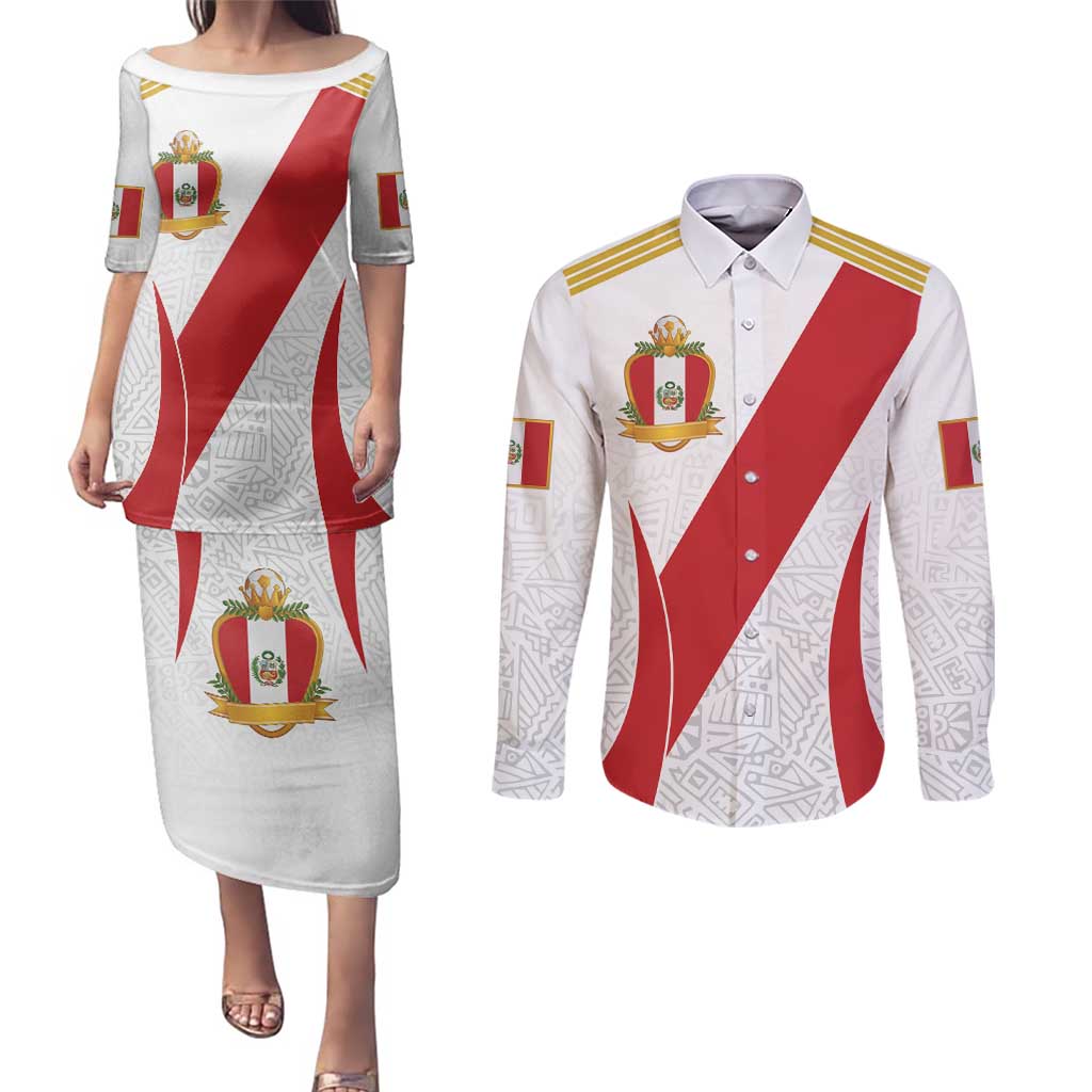 Peru Football Custom Couples Matching Puletasi and Long Sleeve Button Shirt La Bicolor Arriba Peru