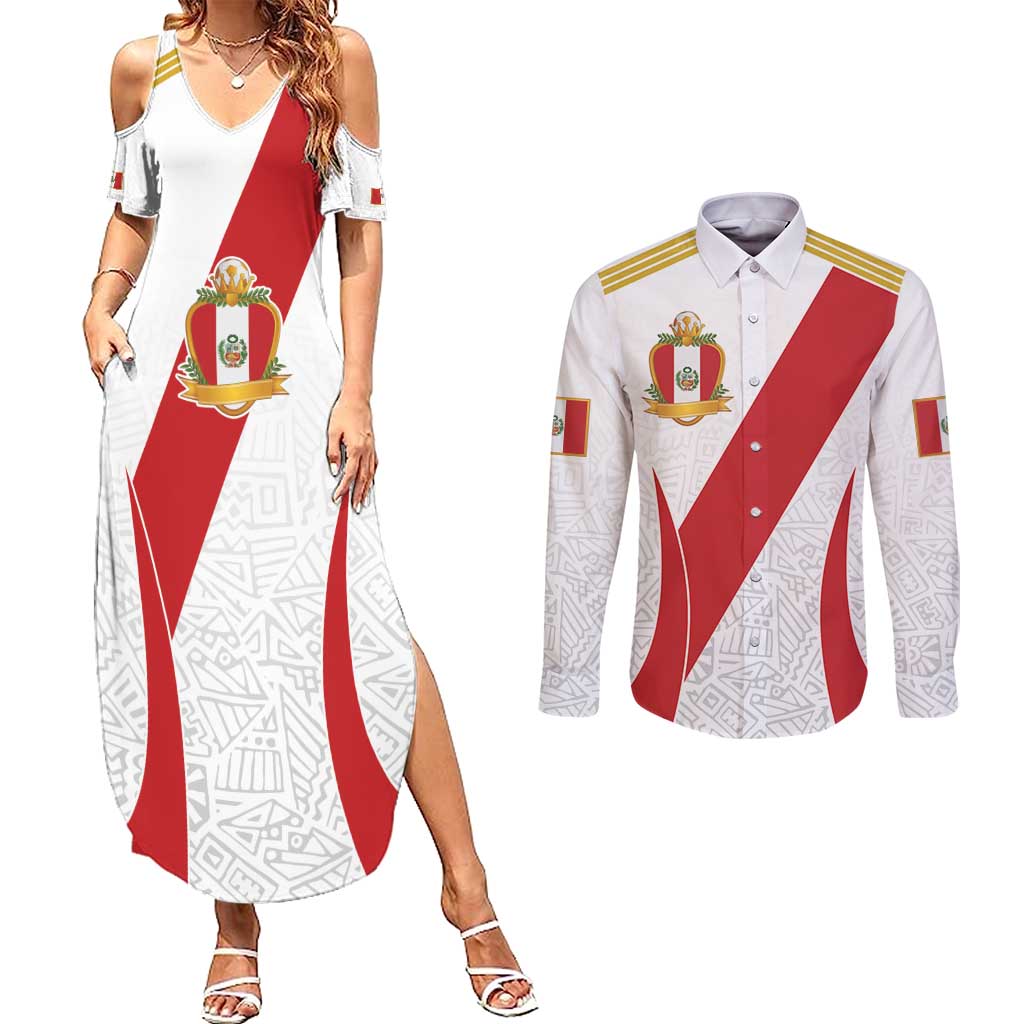 Peru Football Custom Couples Matching Summer Maxi Dress and Long Sleeve Button Shirt La Bicolor Arriba Peru