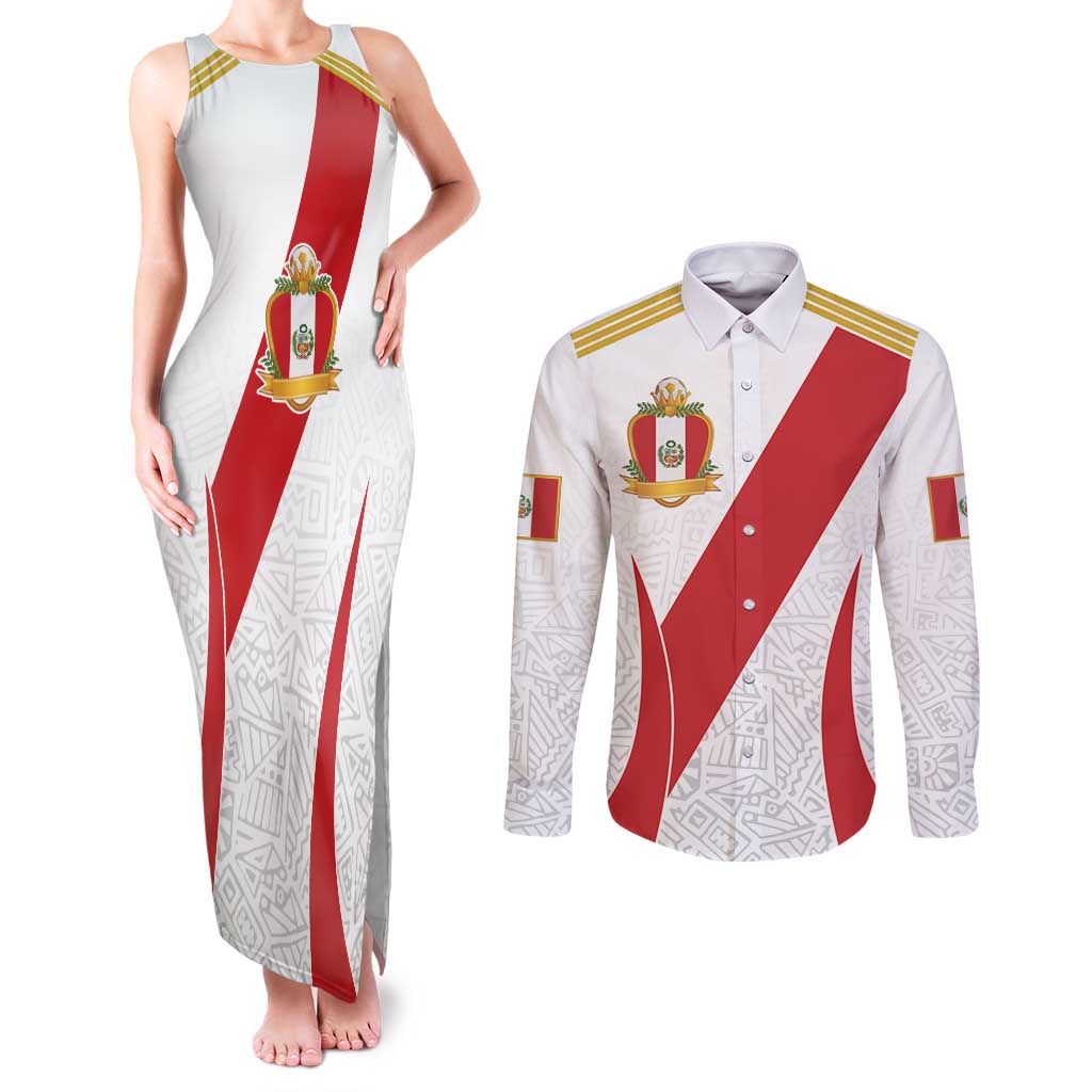 Peru Football Custom Couples Matching Tank Maxi Dress and Long Sleeve Button Shirt La Bicolor Arriba Peru