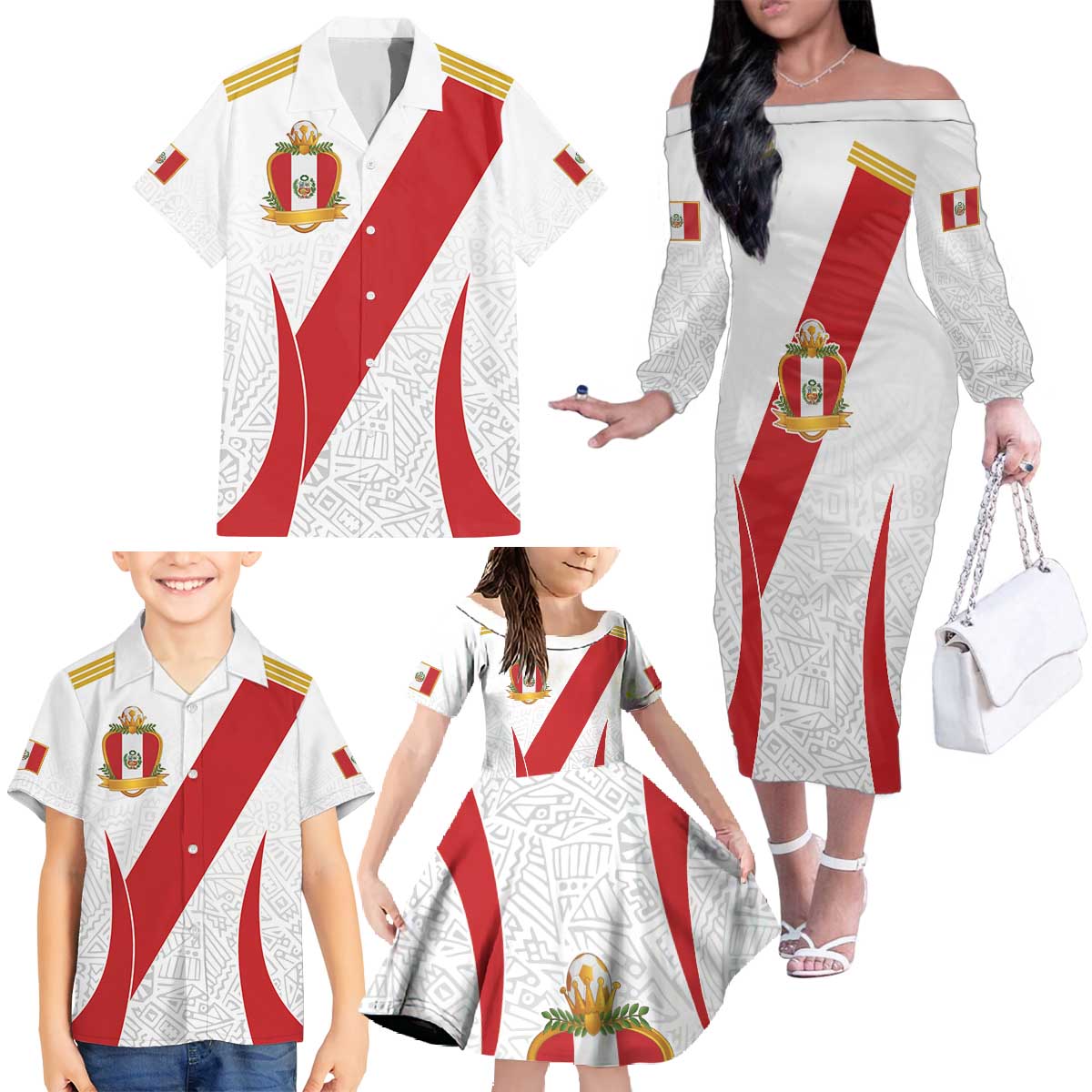 Peru Football Custom Family Matching Off The Shoulder Long Sleeve Dress and Hawaiian Shirt La Bicolor Arriba Peru