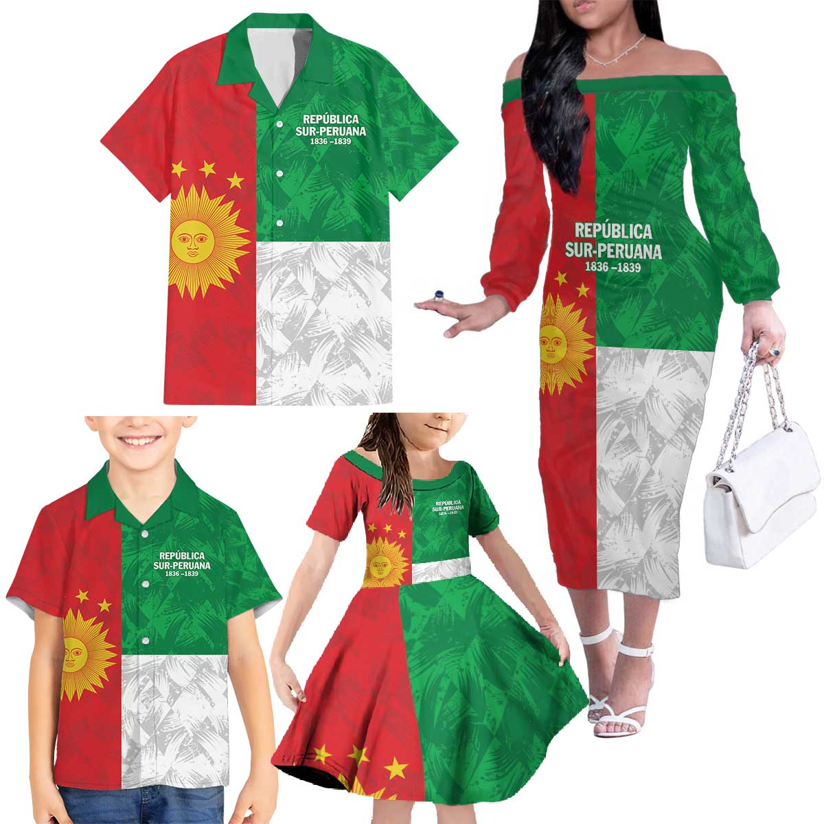Republic of South Peru Family Matching Off The Shoulder Long Sleeve Dress and Hawaiian Shirt Version 1836 - 1839