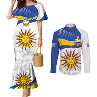 Uruguay Football Custom Couples Matching Mermaid Dress and Long Sleeve Button Shirt La Celeste Sol de Mayo Motif