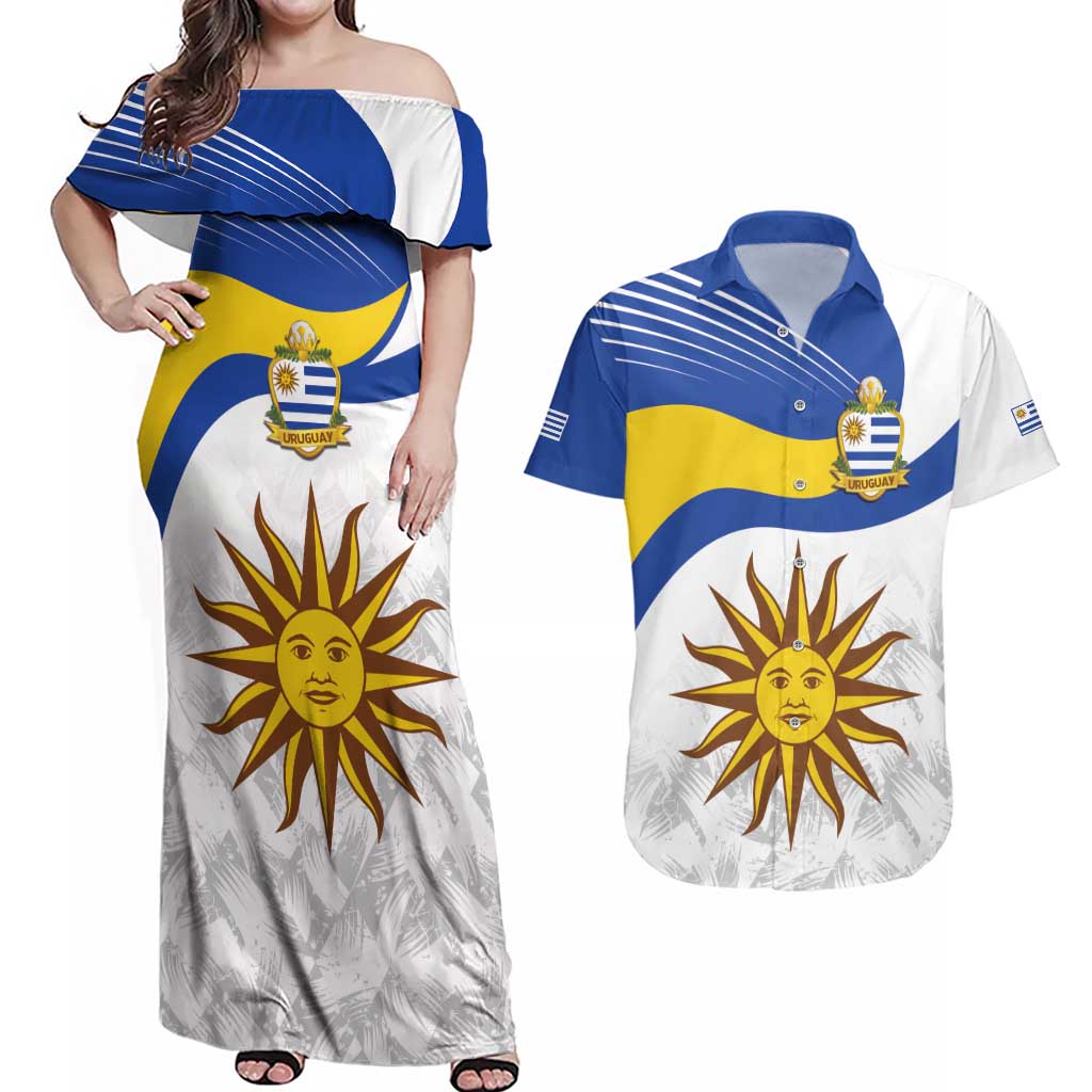 Uruguay Football Custom Couples Matching Off Shoulder Maxi Dress and Hawaiian Shirt La Celeste Sol de Mayo Motif