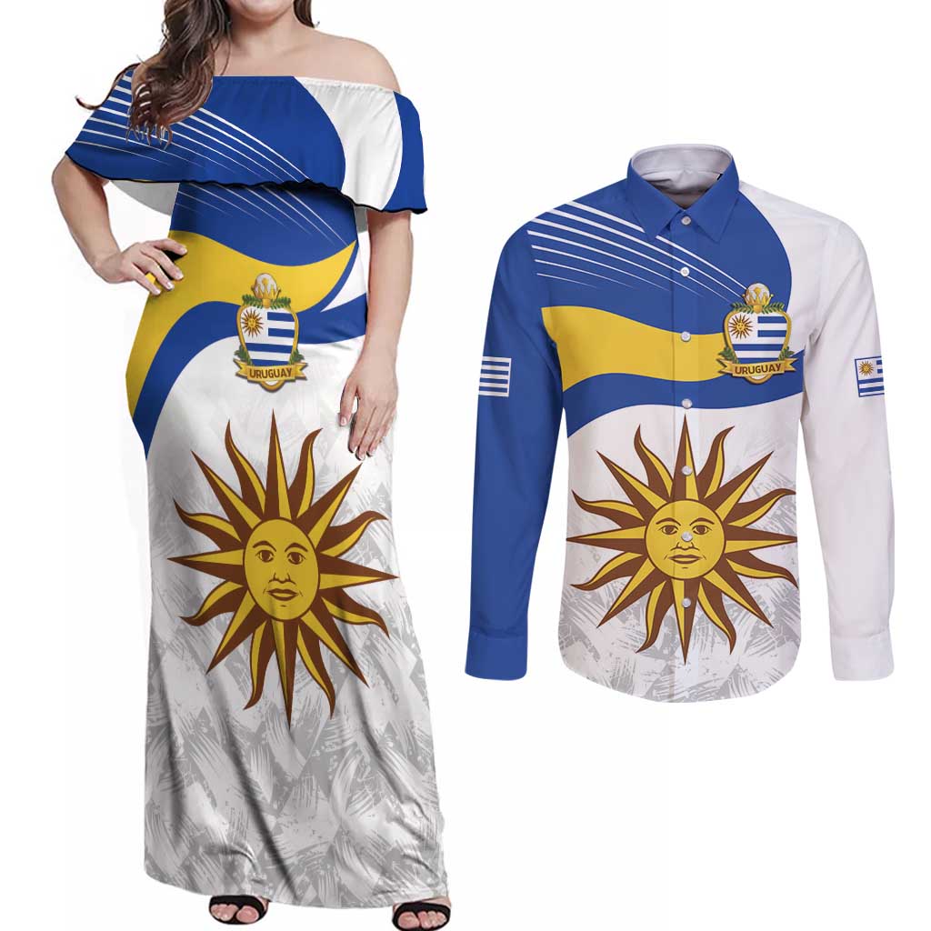 Uruguay Football Custom Couples Matching Off Shoulder Maxi Dress and Long Sleeve Button Shirt La Celeste Sol de Mayo Motif
