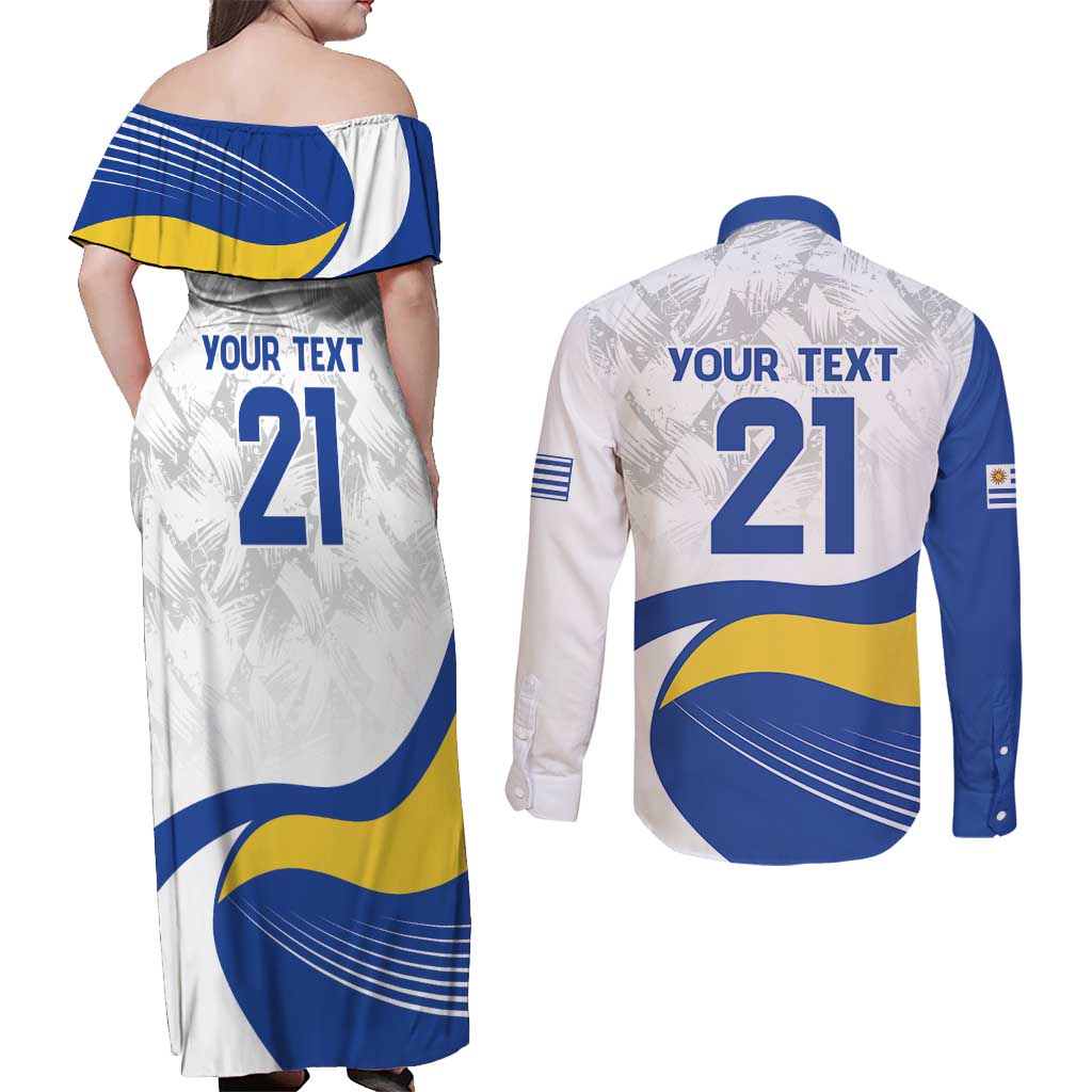 Uruguay Football Custom Couples Matching Off Shoulder Maxi Dress and Long Sleeve Button Shirt La Celeste Sol de Mayo Motif