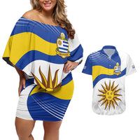 Uruguay Football Custom Couples Matching Off Shoulder Short Dress and Hawaiian Shirt La Celeste Sol de Mayo Motif