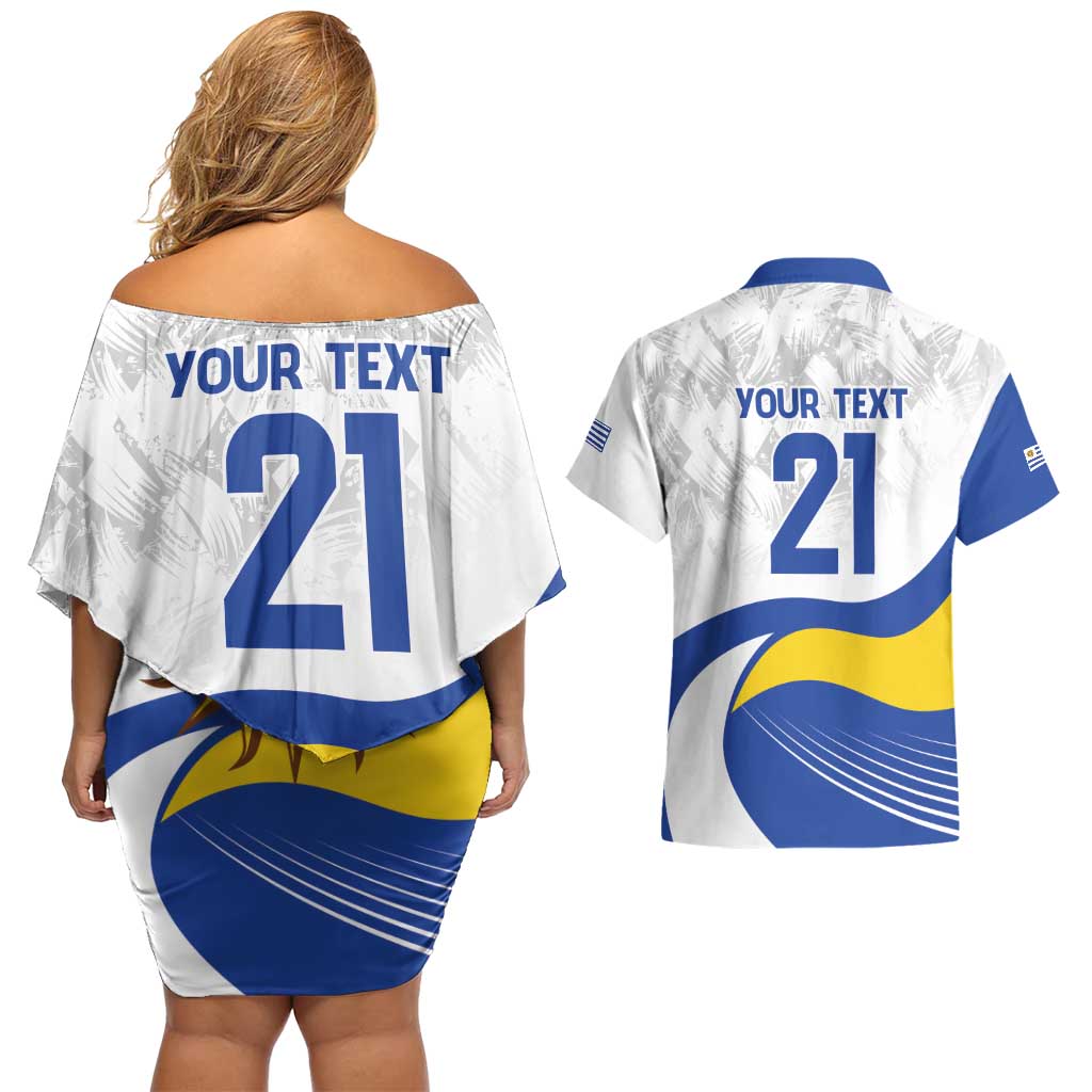 Uruguay Football Custom Couples Matching Off Shoulder Short Dress and Hawaiian Shirt La Celeste Sol de Mayo Motif