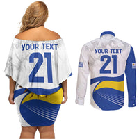 Uruguay Football Custom Couples Matching Off Shoulder Short Dress and Long Sleeve Button Shirt La Celeste Sol de Mayo Motif