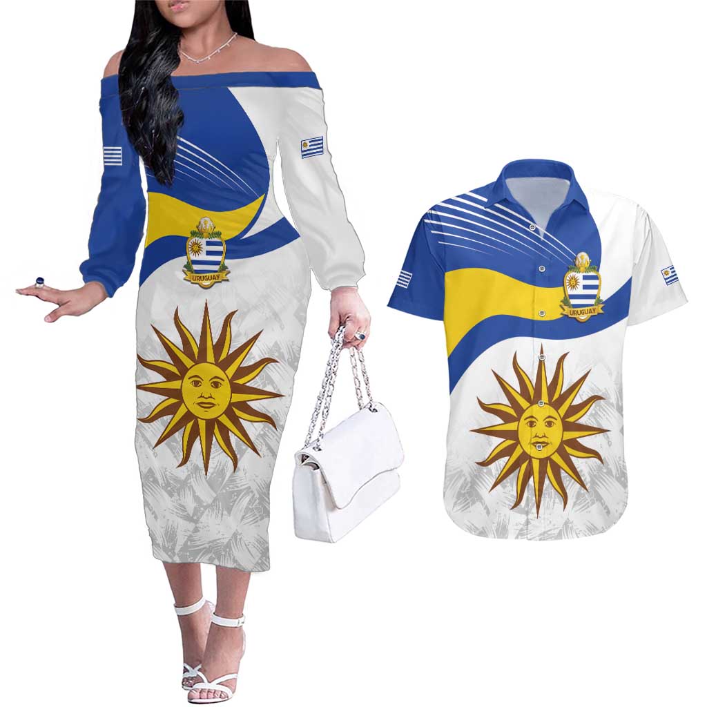 Uruguay Football Custom Couples Matching Off The Shoulder Long Sleeve Dress and Hawaiian Shirt La Celeste Sol de Mayo Motif