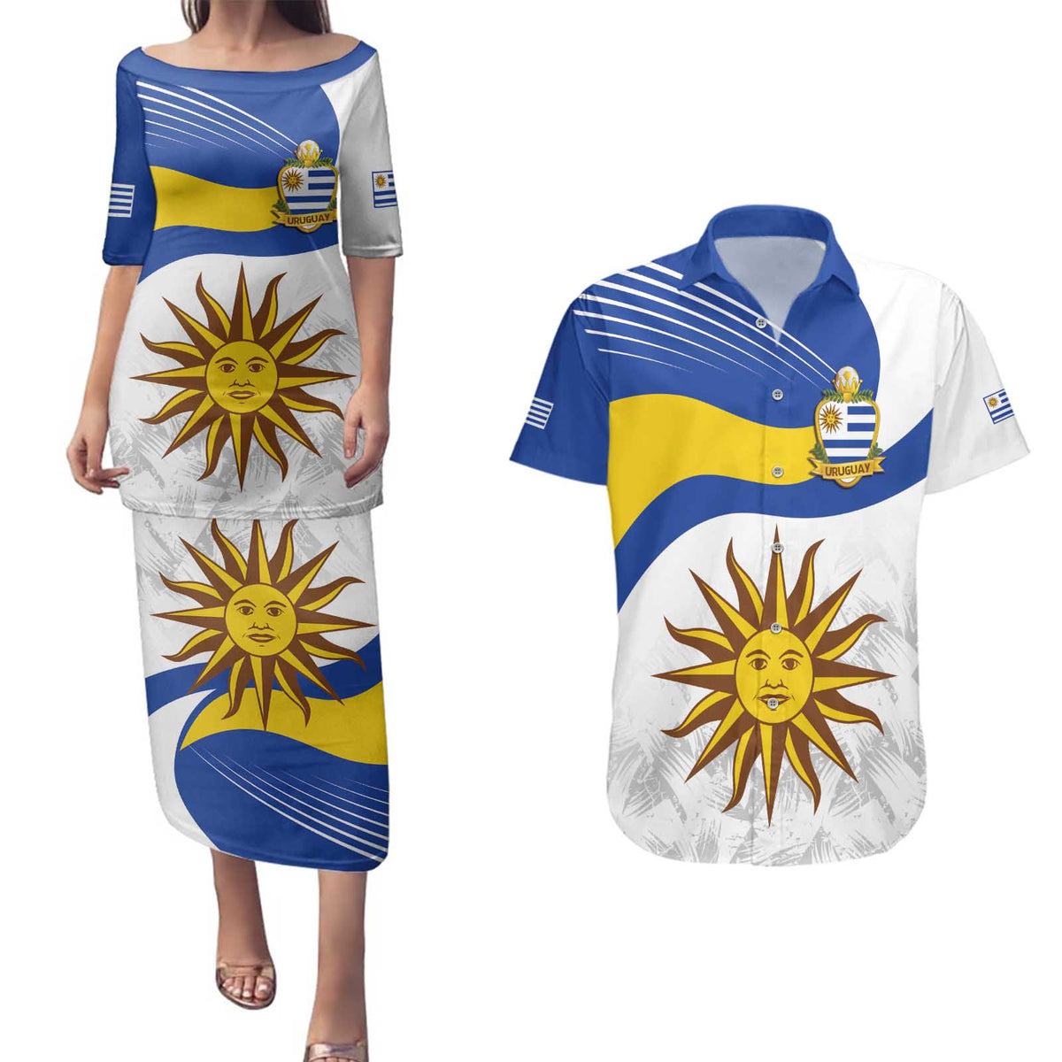 Uruguay Football Custom Couples Matching Puletasi and Hawaiian Shirt La Celeste Sol de Mayo Motif