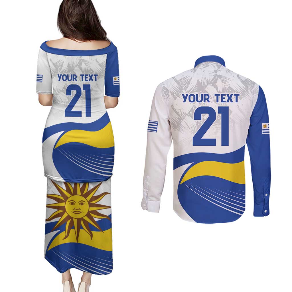 Uruguay Football Custom Couples Matching Puletasi and Long Sleeve Button Shirt La Celeste Sol de Mayo Motif