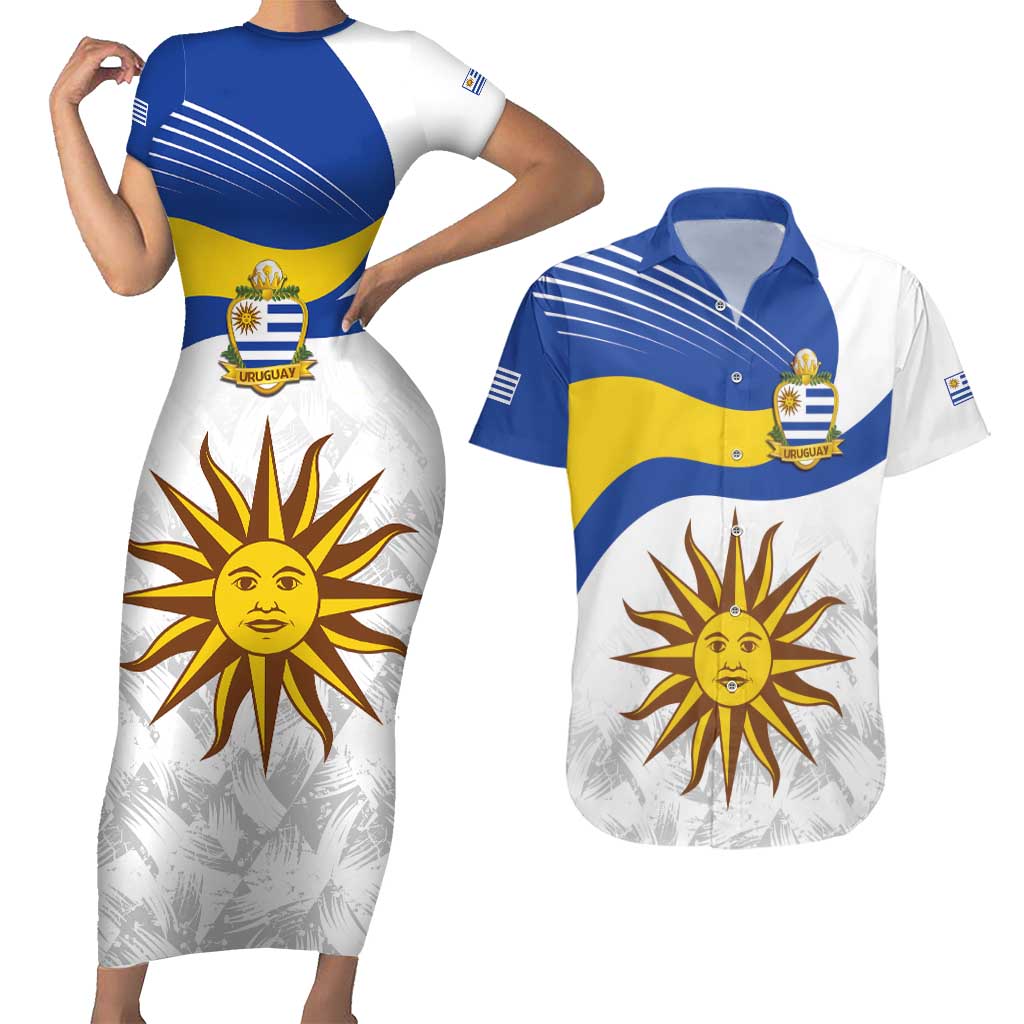 Uruguay Football Custom Couples Matching Short Sleeve Bodycon Dress and Hawaiian Shirt La Celeste Sol de Mayo Motif