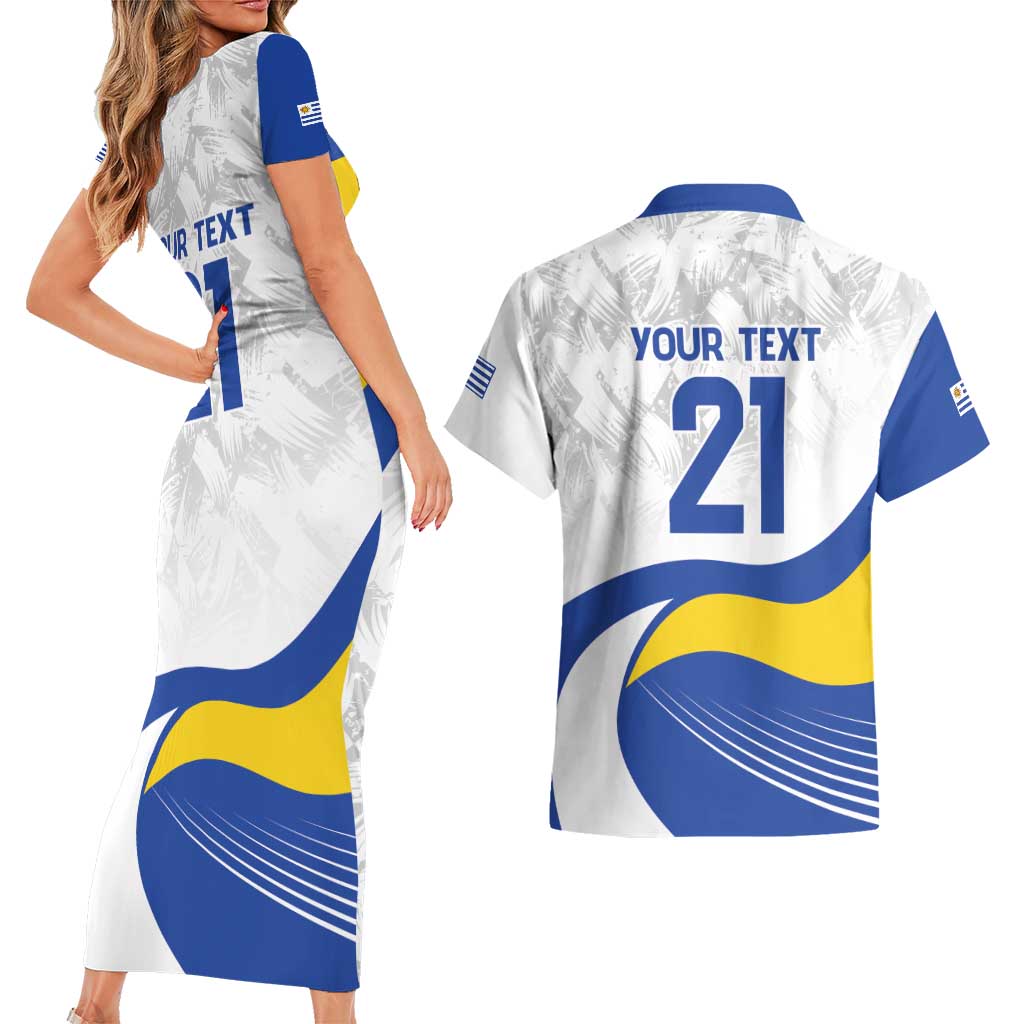 Uruguay Football Custom Couples Matching Short Sleeve Bodycon Dress and Hawaiian Shirt La Celeste Sol de Mayo Motif
