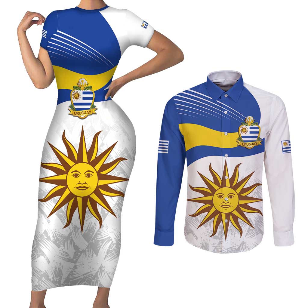 Uruguay Football Custom Couples Matching Short Sleeve Bodycon Dress and Long Sleeve Button Shirt La Celeste Sol de Mayo Motif
