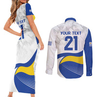 Uruguay Football Custom Couples Matching Short Sleeve Bodycon Dress and Long Sleeve Button Shirt La Celeste Sol de Mayo Motif