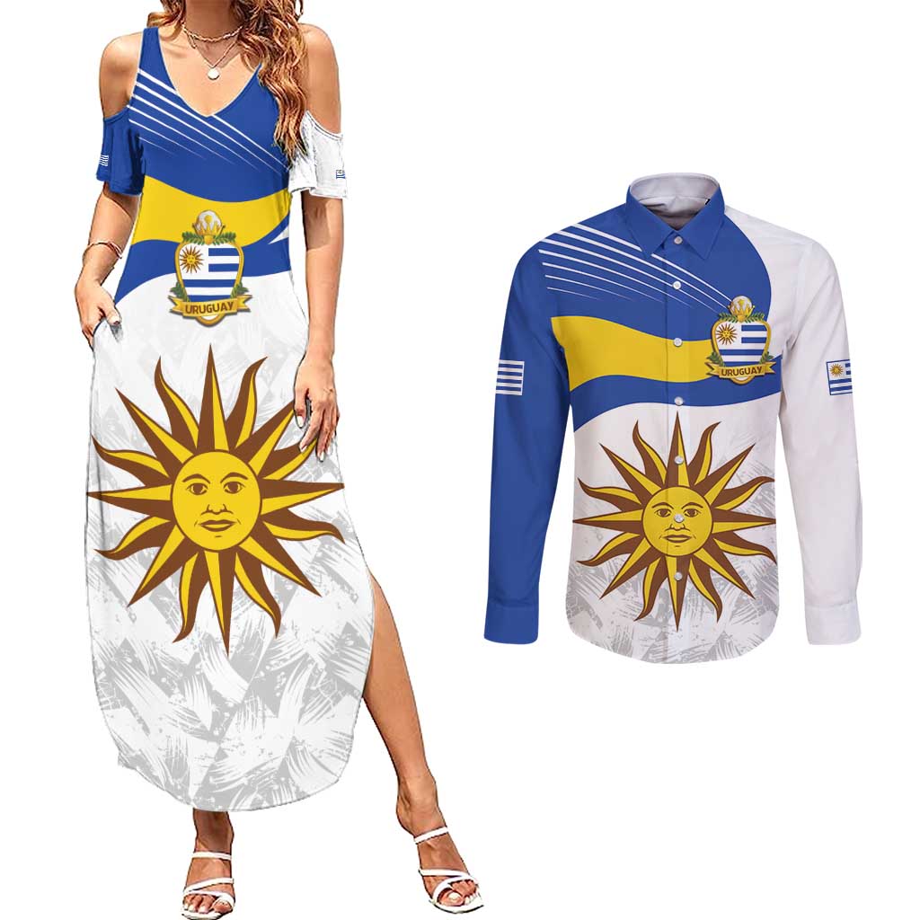 Uruguay Football Custom Couples Matching Summer Maxi Dress and Long Sleeve Button Shirt La Celeste Sol de Mayo Motif