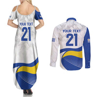 Uruguay Football Custom Couples Matching Summer Maxi Dress and Long Sleeve Button Shirt La Celeste Sol de Mayo Motif