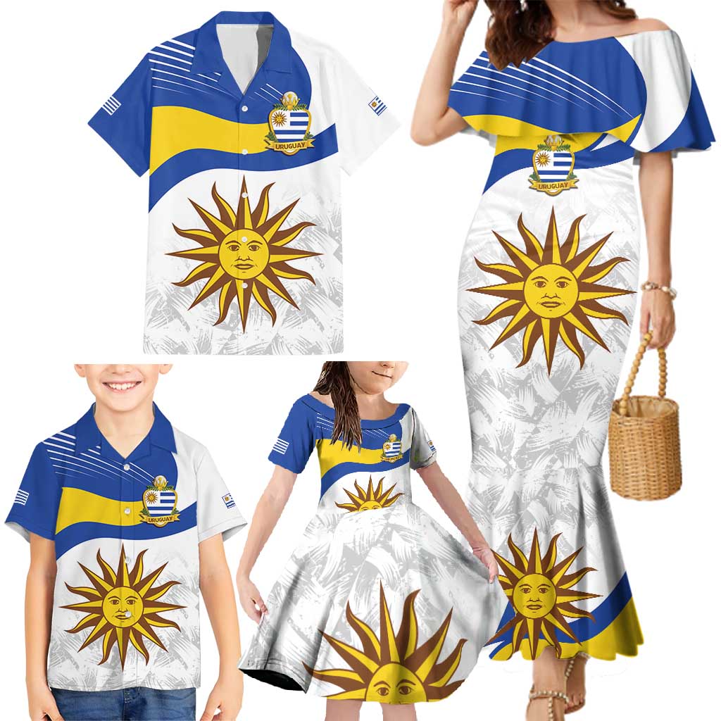 Uruguay Football Custom Family Matching Mermaid Dress and Hawaiian Shirt La Celeste Sol de Mayo Motif