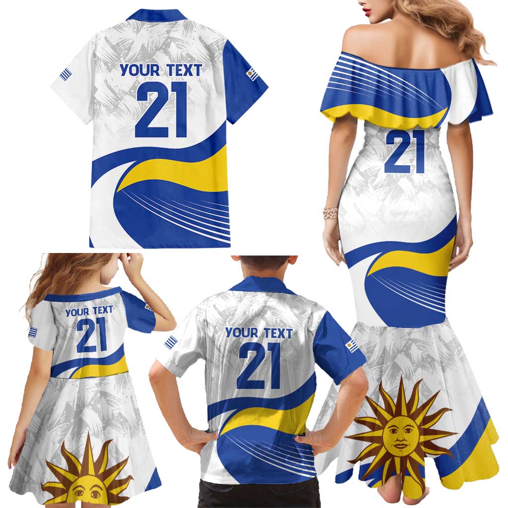 Uruguay Football Custom Family Matching Mermaid Dress and Hawaiian Shirt La Celeste Sol de Mayo Motif
