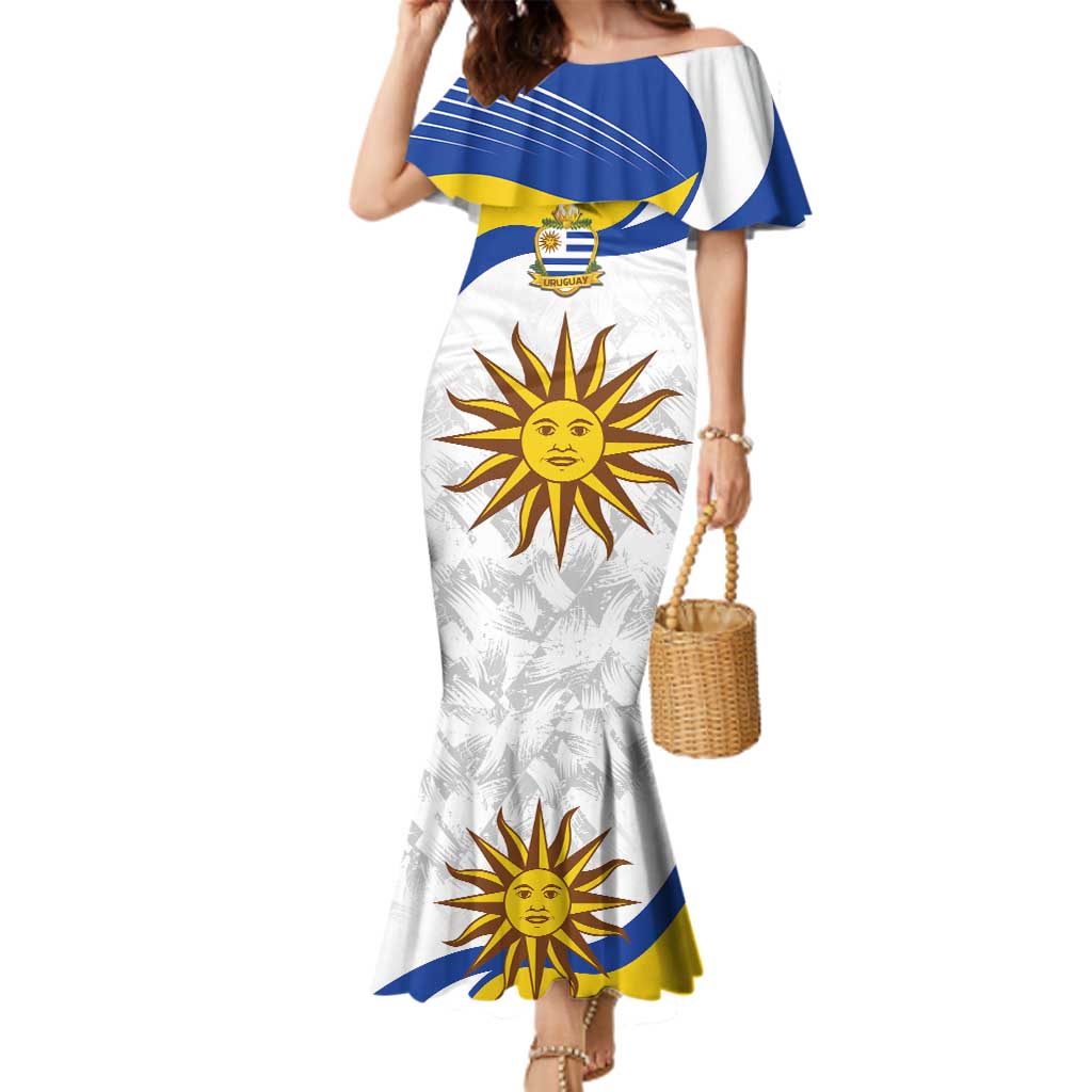 Uruguay Football Custom Family Matching Mermaid Dress and Hawaiian Shirt La Celeste Sol de Mayo Motif