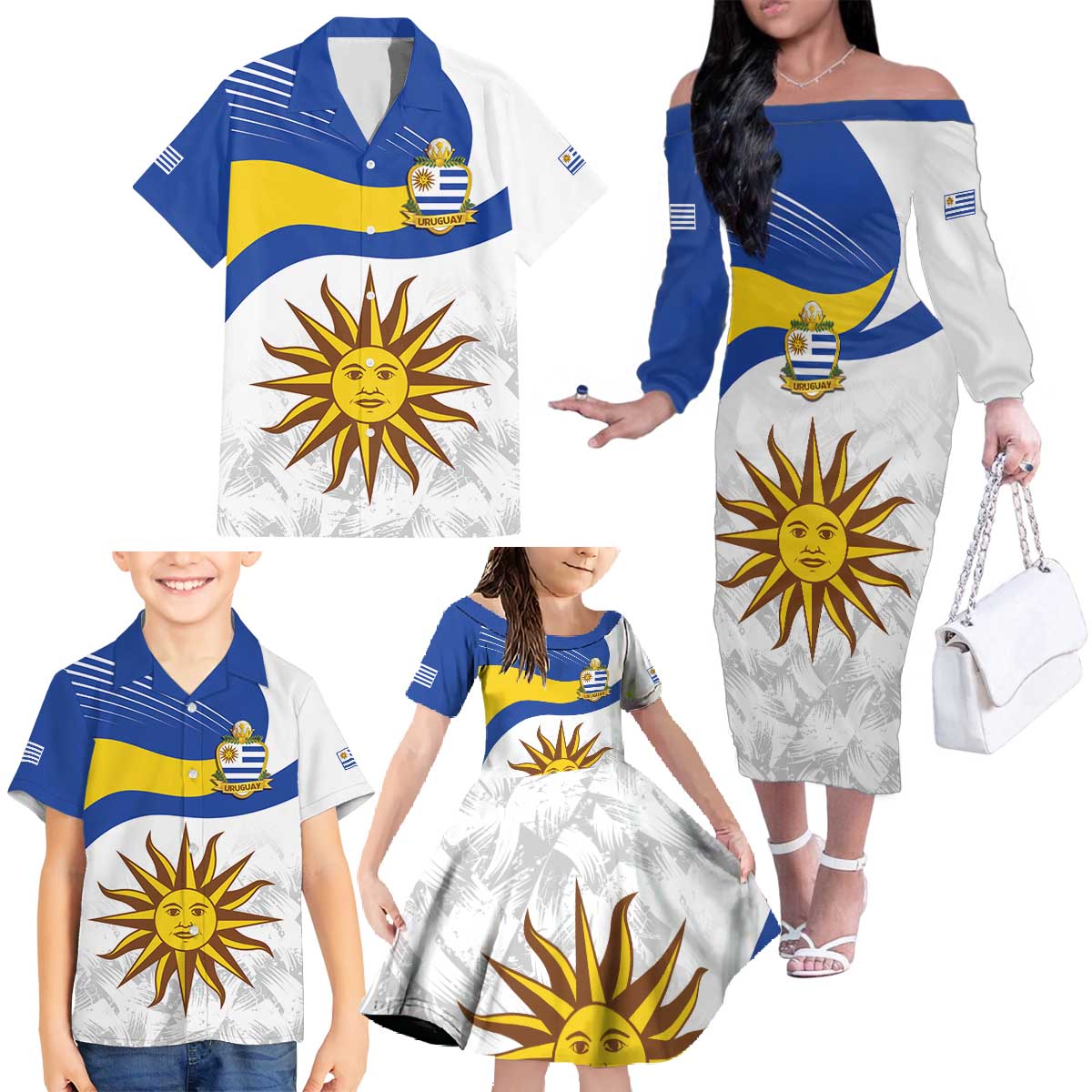 Uruguay Football Custom Family Matching Off The Shoulder Long Sleeve Dress and Hawaiian Shirt La Celeste Sol de Mayo Motif