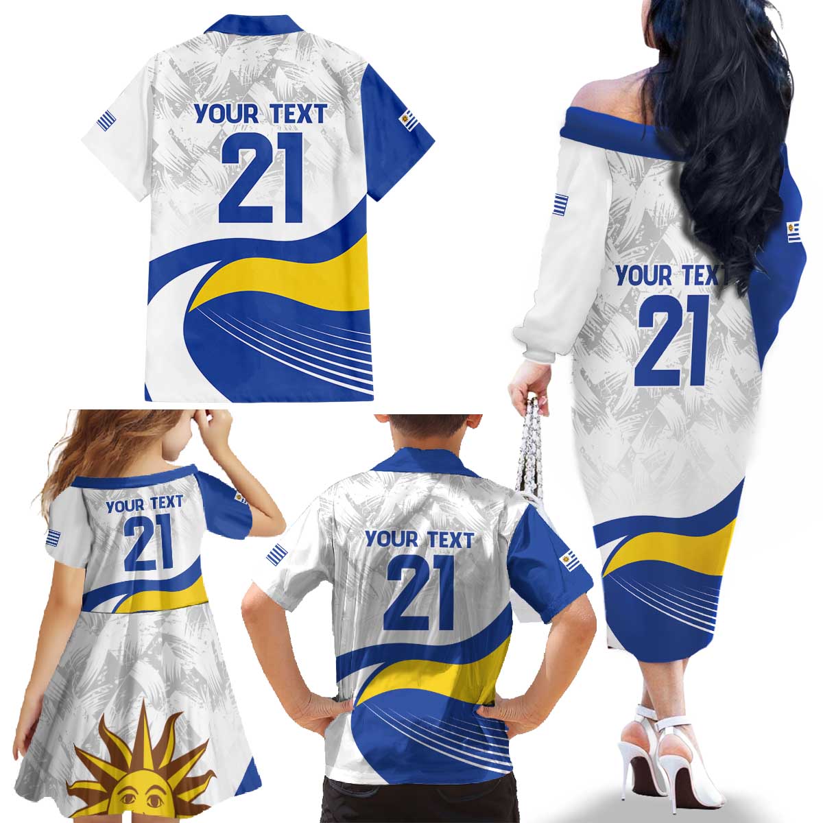 Uruguay Football Custom Family Matching Off The Shoulder Long Sleeve Dress and Hawaiian Shirt La Celeste Sol de Mayo Motif