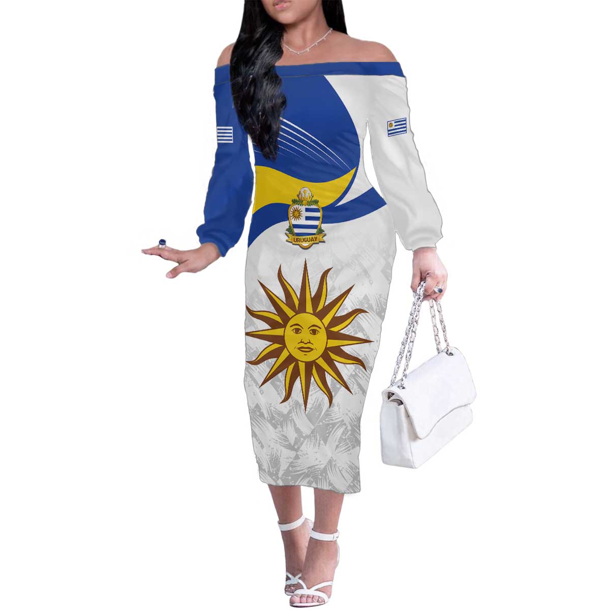 Uruguay Football Custom Family Matching Off The Shoulder Long Sleeve Dress and Hawaiian Shirt La Celeste Sol de Mayo Motif