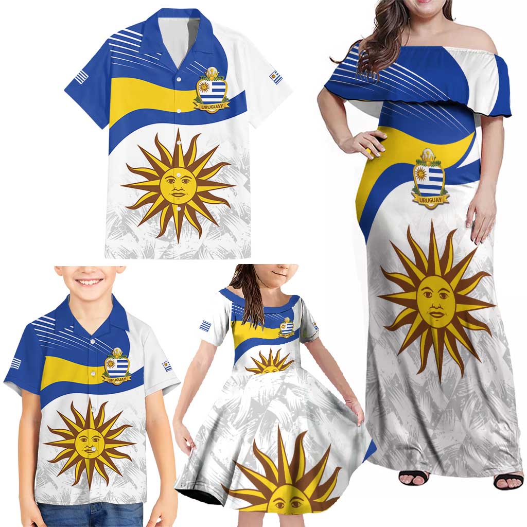 Uruguay Football Custom Family Matching Off Shoulder Maxi Dress and Hawaiian Shirt La Celeste Sol de Mayo Motif