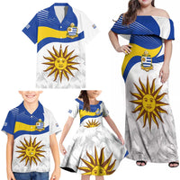Uruguay Football Custom Family Matching Off Shoulder Maxi Dress and Hawaiian Shirt La Celeste Sol de Mayo Motif