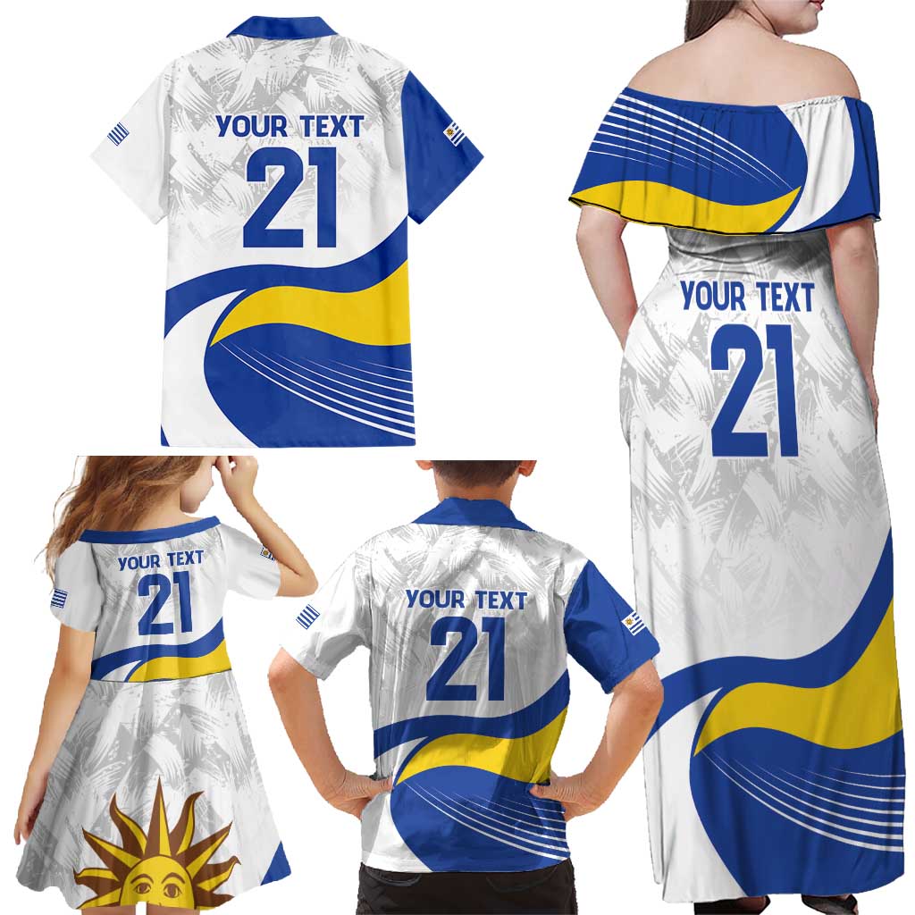 Uruguay Football Custom Family Matching Off Shoulder Maxi Dress and Hawaiian Shirt La Celeste Sol de Mayo Motif