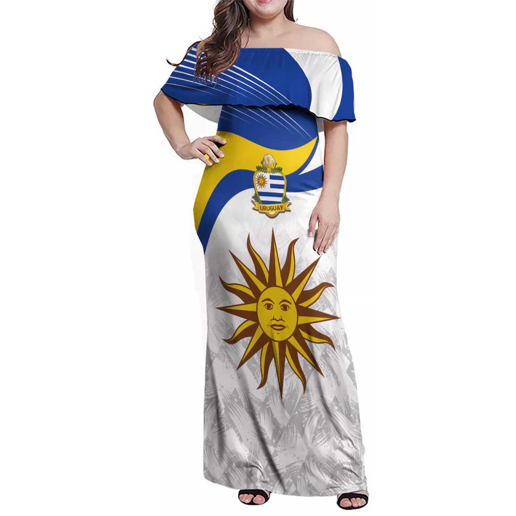 Uruguay Football Custom Family Matching Off Shoulder Maxi Dress and Hawaiian Shirt La Celeste Sol de Mayo Motif