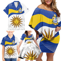Uruguay Football Custom Family Matching Off Shoulder Short Dress and Hawaiian Shirt La Celeste Sol de Mayo Motif