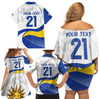 Uruguay Football Custom Family Matching Off Shoulder Short Dress and Hawaiian Shirt La Celeste Sol de Mayo Motif