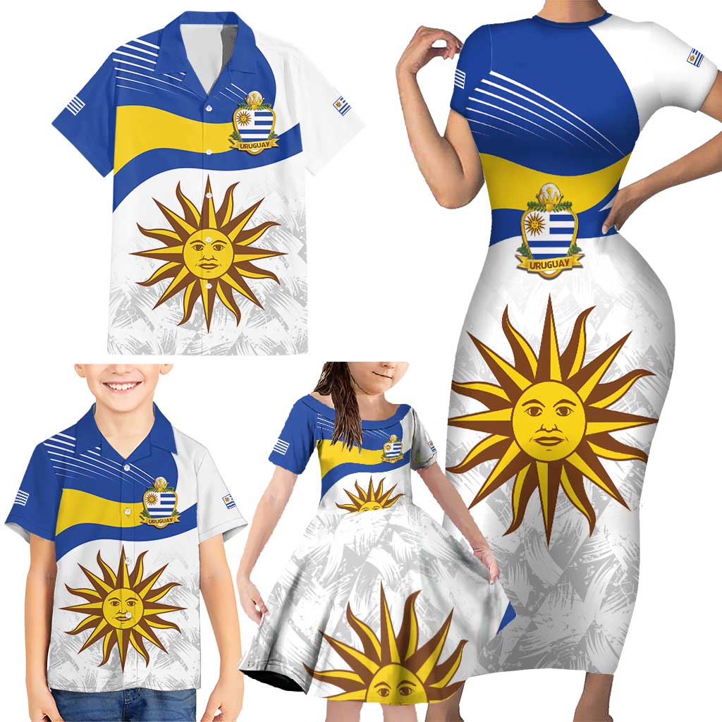 Uruguay Football Custom Family Matching Short Sleeve Bodycon Dress and Hawaiian Shirt La Celeste Sol de Mayo Motif